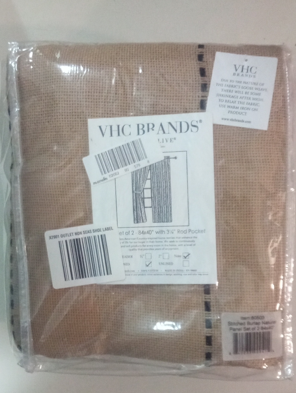Stitched Burlap 2 Panels Natural 84" Long X 40" Wide NWT $76 Lined